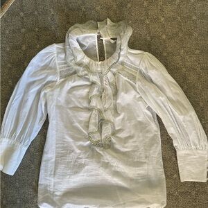 Sandro White Ruffled Neck Blouse with Pastel Trim